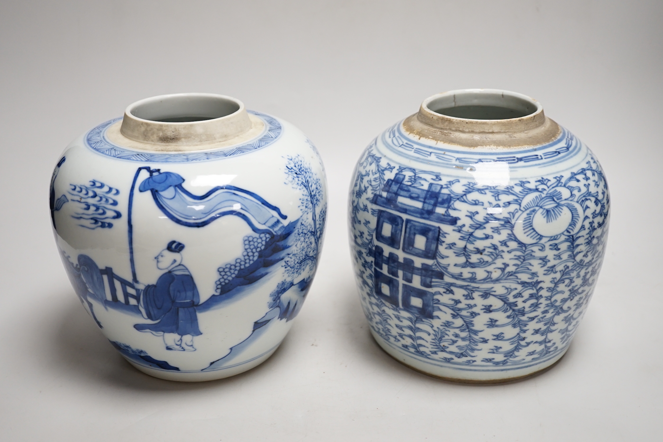 Two Chinese blue and white jars and a similar tea caddy